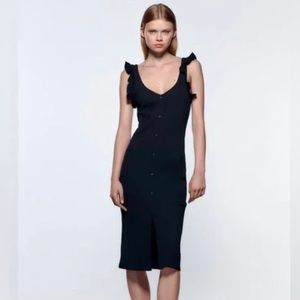 ZARA Button Front Ribbed Sheath Midi Dress-SMALL Black Sleeveless
